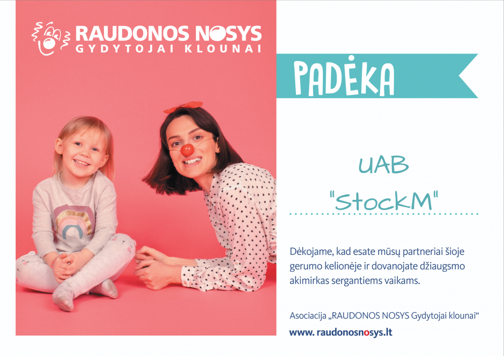 StockM įmonei padėka už paramą organizacija Raudonos nosys
